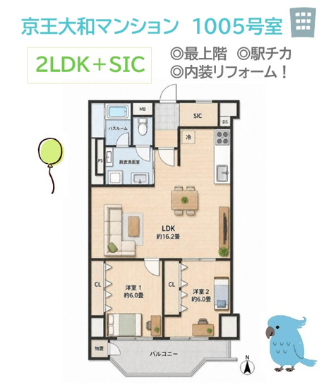 【間取り】 | 最上階・南向き、陽当たり・眺望良好な２LDK＋SIC付き◎　
全居室収納完備で、お部屋ごと荷物もすっきり収納いただけます。