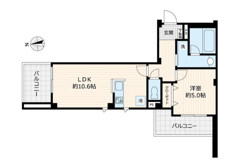 セル エット ルミエールの間取り|北向きバルコニー北西角部屋2面バルコニーカウンターキッチンの1LDK