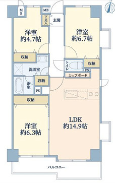 茅ヶ崎ガーデンハウスの間取り|南向き　３LDKです。