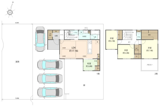 日進市岩崎台一丁目戸建の間取り|間取り4LDK
1階：53.61㎡
2階：50.51㎡