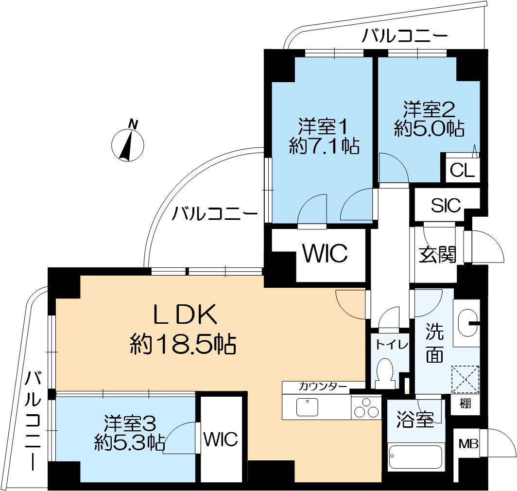 グラン・フェルティ本山の間取り|3LDK、約85.72㎡のお部屋
15階建の6階に位置し、北西角部屋となっております。
ウォークインクローゼット2つ、シューズインクローゼットもあり収納力も申し分ございません。