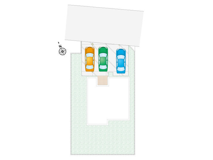1号棟　敷地面積207.77㎡（62.85坪）62坪のお手入れしやすい敷地。前川にゆとりある駐車スペースと土間コンクリートを確保し、お車は3台駐車可能。急な来客にも慌てることはありません！