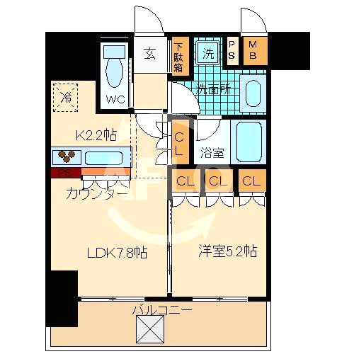 リーガル北心斎橋Ⅱの間取り|リーガル北心斎橋II　1ＬＤＫ　使い勝手のよい間取り