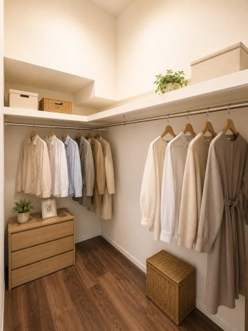 虹ヶ丘マンション本館の収納|衣類や季節用品をまとめて収納できる、ゆとりのあるウォークインクローゼットです。L字型のハンガーパイプと上部棚を備えています。
※バーチャルステージングを実施しています