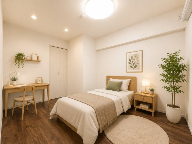 虹ヶ丘マンション本館の洋室|落ち着いた木目調のフローリングと白を基調とした洋室です。寝室や子ども部屋、在宅ワーク用の書斎など、生活スタイルに合わせて活用できます。
※バーチャルステージングを実施しています
