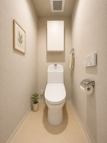虹ヶ丘マンション本館のトイレ|手洗い一体型の温水洗浄便座を備えた、清潔感のあるトイレです。上部には収納も設けられており、備品をすっきり収められます。
※バーチャルステージングを実施しています