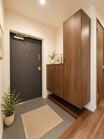 虹ヶ丘マンション本館の玄関|落ち着いた木目調のシューズボックスを備えた、すっきりとした玄関です。収納量があり、履物や外出用品をまとめて整理できます。
※バーチャルステージングを実施しています