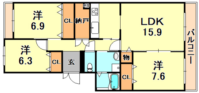 西宮市甲子園浜田町の賃貸マンションの間取り