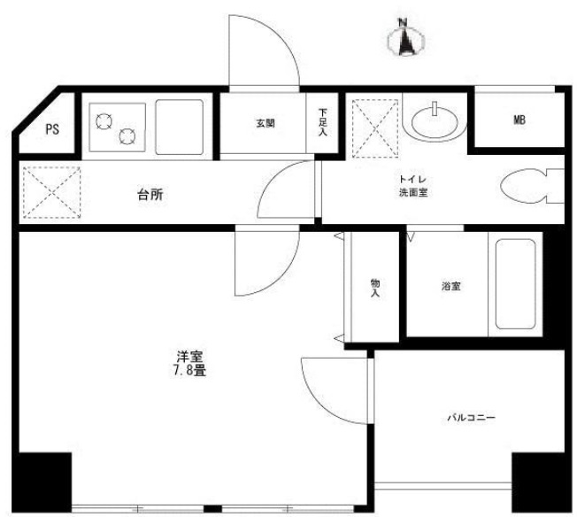 casa.coco(カーサココの間取り|間取り　角部屋南向きの洋室1K7.8帖バストイレ別独立洗面台

