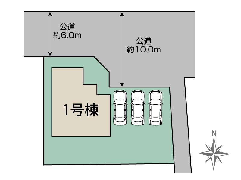 新築　太田市亀岡町　Blooming　Garden　1号棟の区画図|1号棟　区画図　北側接道幅員約6ｍ