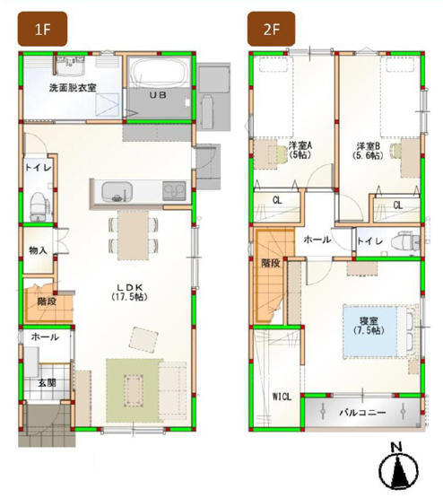 【間取り】 | 東大阪市東鴻池町5丁目　【1号棟/全2棟】 | 【1号棟】2階建「全洋室3LDK＋駐車2台可能」ZEH水準省エネ住宅☆オール電化☆寝室に広いウォークインクローク完備♪食洗機・IHコンロ・浴室乾燥機完備です☆