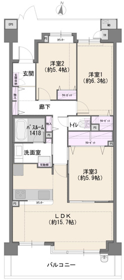 【間取り】 | コスモステージひばりヶ丘アミュージア　(保谷店) | 戸建て感覚の専用ポーチ付き3LDK住戸！2026年10月リノベーション完了予定。南向きの為、陽当たりも良好です。※図面を基に作成しています。現況と異なる場合は現況を優先いたします。