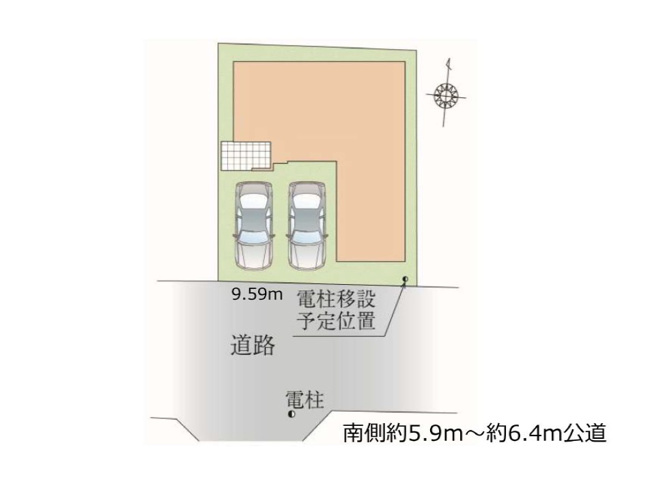 【区画図】 | 富士見市水谷東3丁目　新築一戸建住宅　全1棟　(志木本店) | 南側約5.9～6.4m公道に面した、陽当たりの良い開放的な区画。駐車スペース2台分を確保し、車の出し入れもスムーズ。前面道路にゆとりがあり、毎日の暮らしに安心感をもたらします。