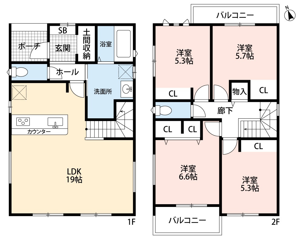 小牧市東２丁目　新築戸建　１号地の間取り|広々LDK19帖。リビング階段です。
土間収納あり♪