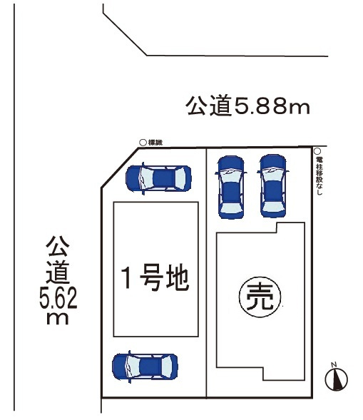 小牧市東２丁目　新築戸建　１号地の区画図|北西角地・駐車場２台可。