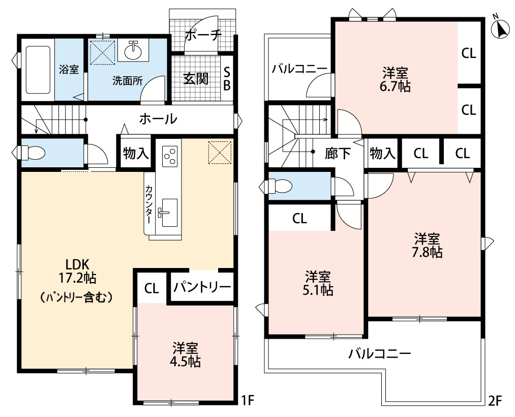 小牧市東２丁目　新築戸建　２号地の間取り|LDK17.2帖洋室4.5帖の続き間でゆとりの空間です。パントリーあり。
南北両面バルコニー♪
