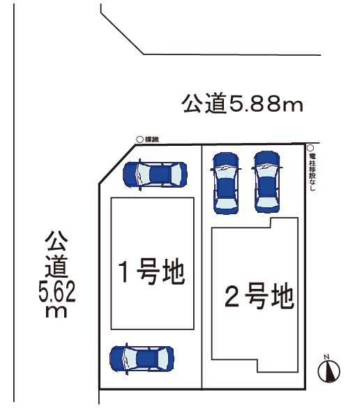 小牧市東２丁目　新築戸建　２号地の区画図|駐車場並列２台可。