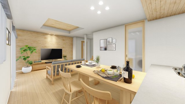 【完成予想図】 | 【無垢材に触れる家　施工イメージ】
裸足で歩く心地よさや、木に囲まれて過ごす豊かさを知って、この家で年を重ねるのも楽しみになっていく。
床、壁、建具などに無垢材を取り入れたパッケージ
※画像はイメージ