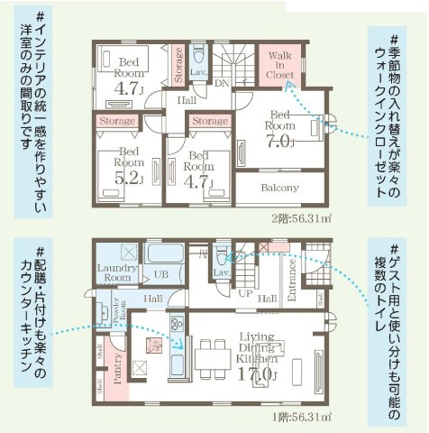 新築　前橋市岩神町第６　Livele Garden.S　3号棟の間取り|建物面積112.62㎡　パントリー・ウォークインクローゼット・各部屋収納付きで便利です！インナーバルコニーなので急な雨でもお洗濯物も安心です。