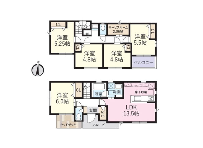 【間取り】 | 志木市上宗岡1丁目　中古一戸建住宅　(丸井志木店) | 5LDKにサービスルームとSICを備えた収納充実プラン。玄関スロープや1階居室など、ご家族との同居や将来のライフスタイルの変化にも対応しやすく、長く快適に暮らせます。