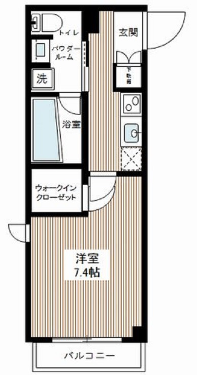 AXAS南蒲田AsylCourt（アクサスミナミカマタアジールコートの間取り|西向きバルコニー南西角部屋洋室7.4帖
ウォークインクローゼット付きの1Kバストイレ別独立洗面台！