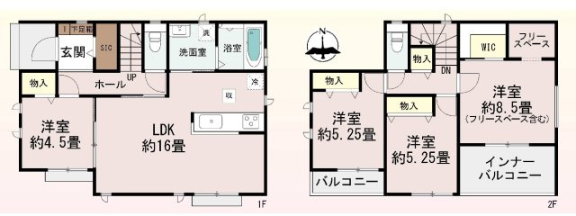 新築　前橋市朝倉町3丁目　Heartful　Town　A号棟の間取り|建物面積96.87㎡　全居室南向き♪シューズインクローク・フリースペース・ウォークインクローゼット・各部屋収納付きで便利です！インナーバルコニーなので急な雨でもお洗濯物も安心です。