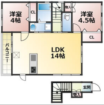 奈良市富雄元町３丁目の賃貸マンションの間取り