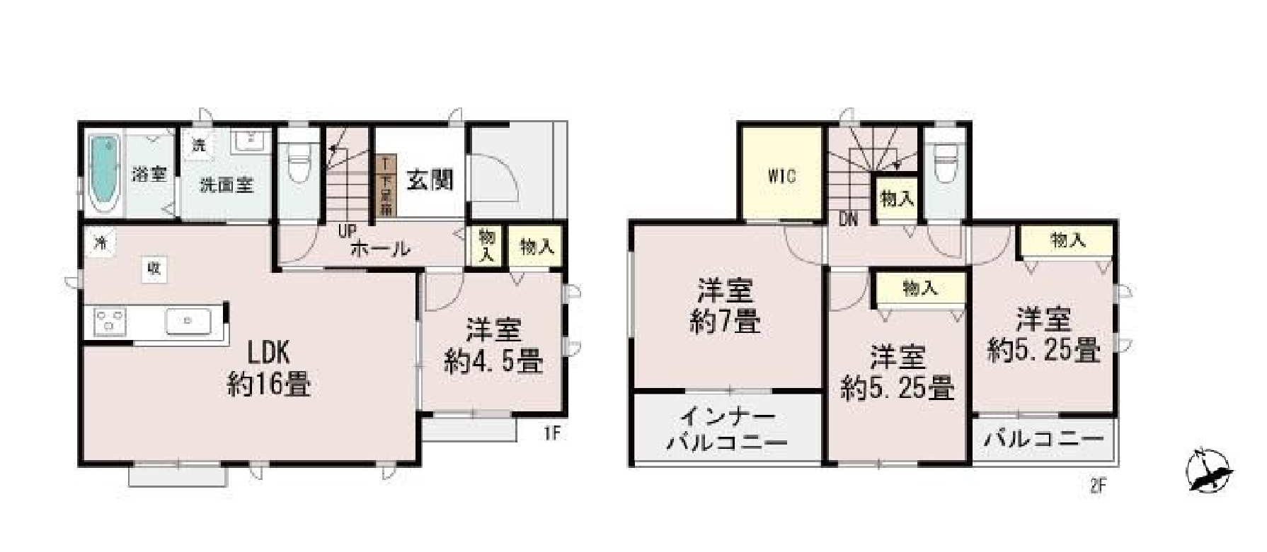 新築　高崎市小八木町　Heartful　Town　A号棟の間取り|建物面積97.29㎡　全居室南向き♪ウォークインクローゼット・各部屋収納付きで便利です！インナーバルコニーなので急な雨でもお洗濯物も安心です。