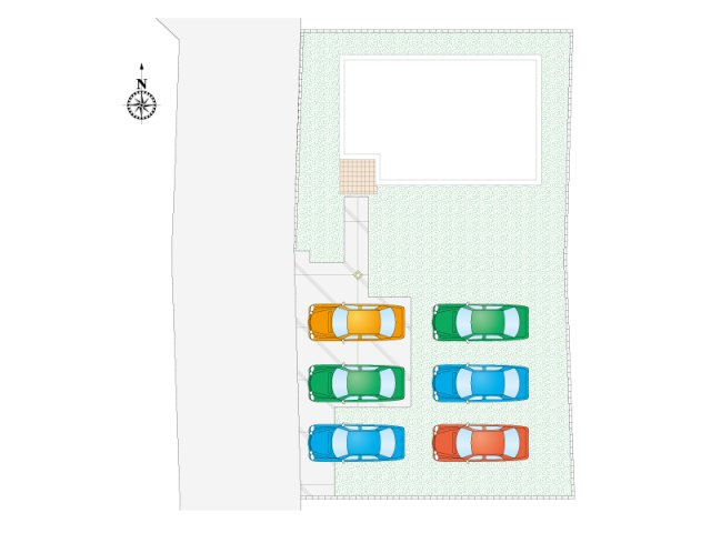【3号棟：区画図・駐車場配置図】5台以上駐車可能です！広い敷地を活かし、建物の前面にスペースを確保。陽当たりや風通しに恵まれた環境で、ガーデニングやBBQなど多目的に楽しめる開放的な土地です。