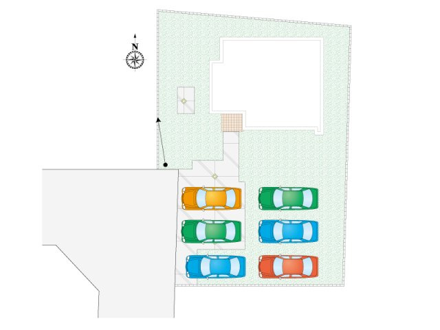 【2号棟：区画図・駐車場配置図】5台以上駐車可能です！お庭スペースが広く、陽当たりや風通しも良好です。車を多く所有するご家庭や趣味を楽しみたい方に！