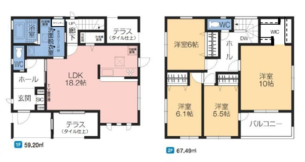 【間取り】 | 沼田市高橋場町　新築住宅　 | 18.2帖のLDKに2つのタイル仕上テラスやSICを備えた1階と、10帖の主寝室やWIC付きでゆとりある2階が魅力の4LDKです。