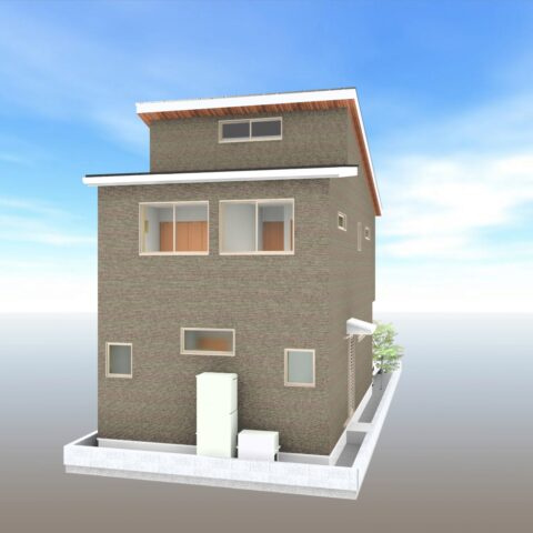 「乾太くん完備」高知市百石町2丁目(4号地)　新築一戸建ての外観パース|屋外設備もスッキリ収まる、裏手まで綺麗な建物デザイン。