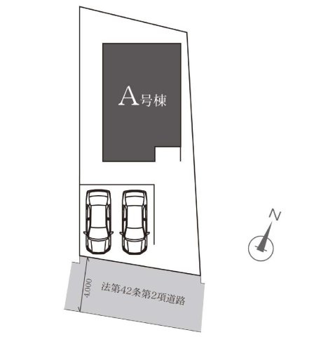 【横浜市旭区市沢町1127-2新築戸建て】★仲介手数料無料★（市沢小学校・西谷中学校）の区画図|敷地面積約151㎡のゆとりある区画に、カースペース2台分を確保。前面道路は幅員約4mで、建物まわりにも余裕があり、開放感と使いやすさを兼ね備えた配置です。