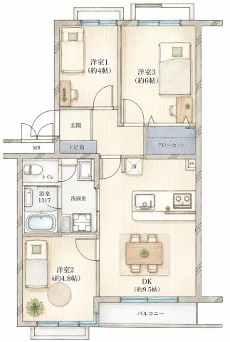 綱島ビューハイツの間取り|3LDK、価格2599万円、専有面積53.23m2、バルコニー面積5.46m2 【LDK　9.5帖】 【洋室　6.0帖・4.8帖・4.0帖】    
