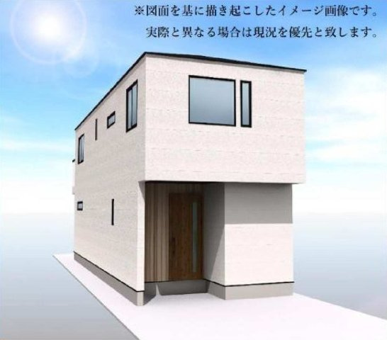 【横浜市旭区上白根町894-6全3棟新築戸建て】★仲介手数料無料★（四季の森小学校・上白根北中学校）の外観パース|白を基調とした外壁に木目調の玄関ドアが映える、シンプルモダンな外観。凹凸を抑えた端正なフォルムで、落ち着いた住宅街に馴染む飽きのこないデザインです。