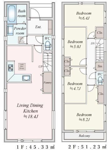 【横浜市旭区上白根町894-6全3棟新築戸建て】★仲介手数料無料★（四季の森小学校・上白根北中学校）の間取り|約18.4帖のLDKを備えた4LDK。パントリーや各居室の収納を設け、2階には約8.2帖の主寝室を確保。カースペース2台分も備えたゆとりある住まいです。