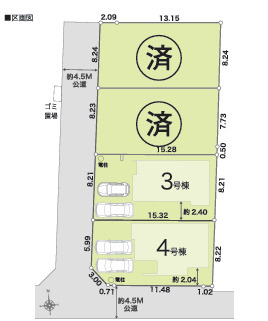 平塚市南金目　新築戸建　全４棟の区画図|対象地は４号棟です