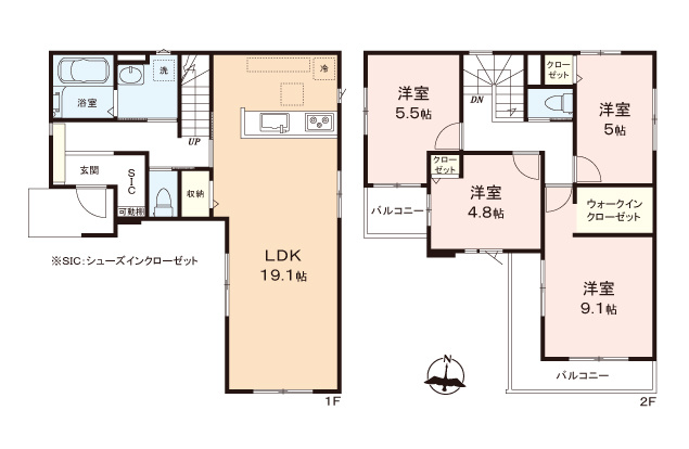 富士見市水谷東３丁目の新築一戸建の間取り|開放感のある折上天井を採用した19.1帖のゆったりLDK！