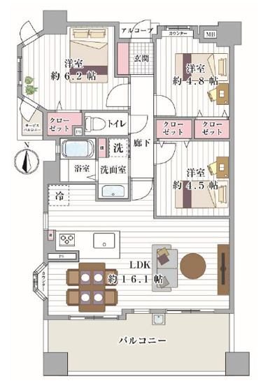 【間取り】 | エステムコート鶴橋パルテピア | 南西角住戸！【全洋室3LDK＋南向きバルコニー☆】室内水廻り設備一新！リノベーション済み☆床暖房・食洗機・浄水器・バス追炊機能・浴室乾燥機完備☆キッチン・浴室窓付きです☆