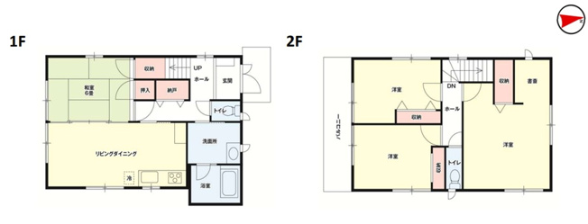 【間取り】 | 伊勢崎市西久保町　中古住宅 | 1階にリビングダイニングと6畳の和室、納戸を配置し、2階には3つの洋室と書斎、バルコニーを備えた収納豊富な住まいです。
