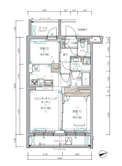 ARCOBALENO HANEDAⅡアルコバレーノハネダツーの間取り|東向きバルコニーカウンターキッチンの2LDK
