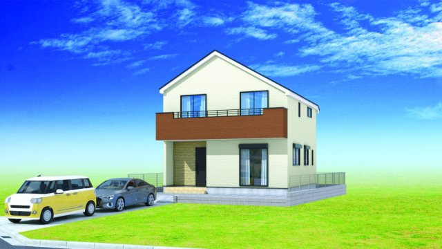 【横浜市旭区市沢町1083-1全4棟新築戸建て】★仲介手数料無料★（市沢小学校・西谷中学校）の外観パース|白を基調に木目調のアクセントを取り入れた、明るく上品な外観。ワイドバルコニーが印象的で、落ち着いた住宅街に調和するデザインです。