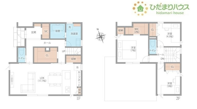 【間取り】 | 牛久市中央1丁目　新築戸建　2号棟 | 家族の集まるLDKは広々17.7帖！贅沢な空間を演出！
（2号棟）