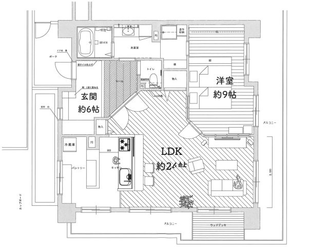 ユニ・アルス鶴見緑地公園プレジオの間取り|中古マンション　1LDK　専有面積：76.85㎡（壁芯）　バルコニー面積：26.58㎡　南・東向き