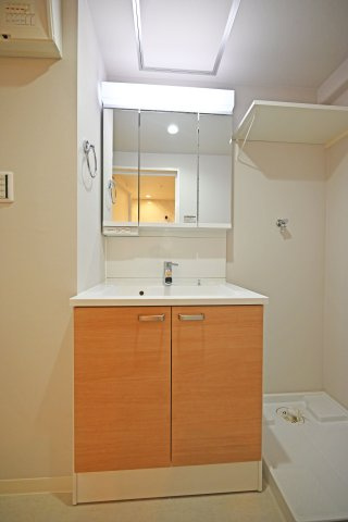 三津屋グリーンハイツの独立洗面台|明るく使いやすい3面鏡付きの洗面化粧台です。広いボウルの洗面台のため、軽い衣類の汚れなども手早く洗えます。