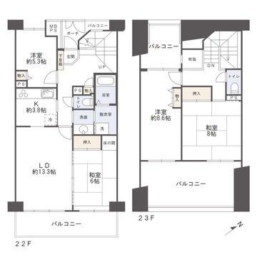 スカイプラザ横川の間取り|両面バルコニーで開放的！生活空間をしっかり分け、戸建てのような暮らしができる一邸です