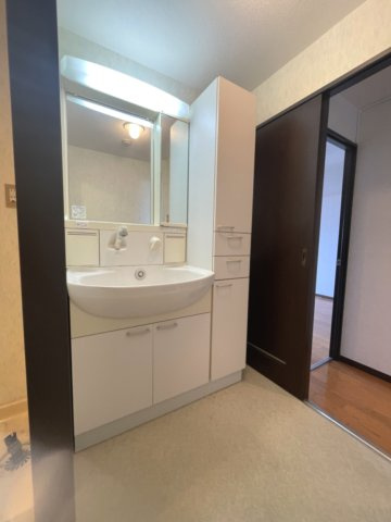 スカイプラザ横川の洗面所|水撥ねのしにくいアーチ型の洗面台です。隣にはリネンや日用品の収納に便利な棚が造作されています。