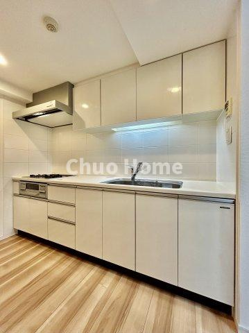 フュージョナル両国のキッチン|【システムキッチン】ワイドで収納豊富な使い勝手の良いシステムキッチンには、伸縮タイプのキッチン水栓、三ツ口コンロ・魚焼きグリルなどの便利な設備が標準完備されています。