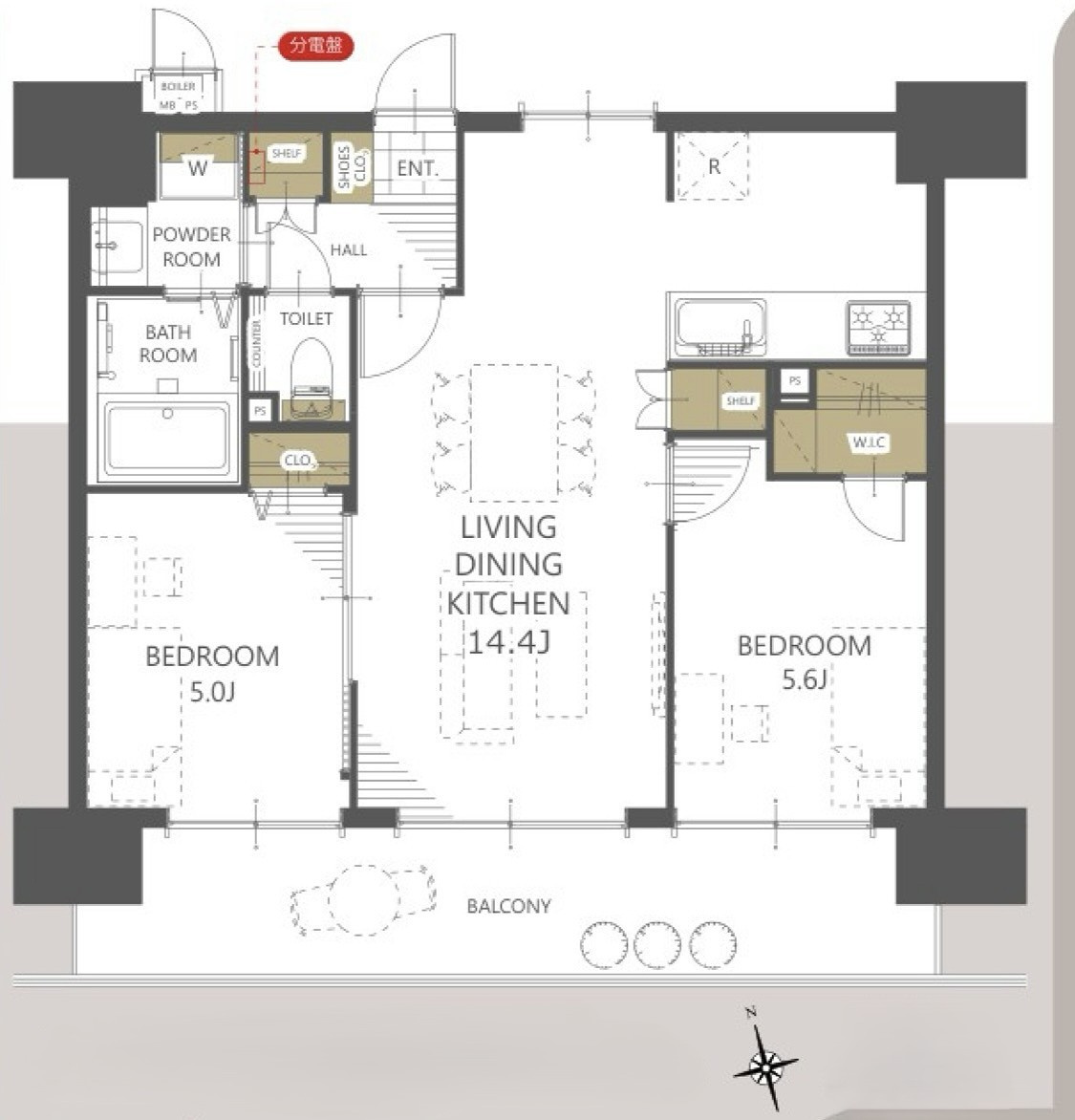 アイディスクエア川越新富町の間取り|２LDK 専有面積53.46m2 バルコニー面積14.07m2