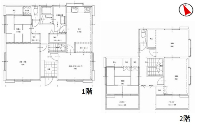【間取り】 | 伊勢崎市末広町　中古住宅 | 1階にDKや和室・洋室、2階に複数の居室とバルコニーを備え、各所に収納が充実した、二世帯や大家族でもゆとりある暮らしができる住まいです。